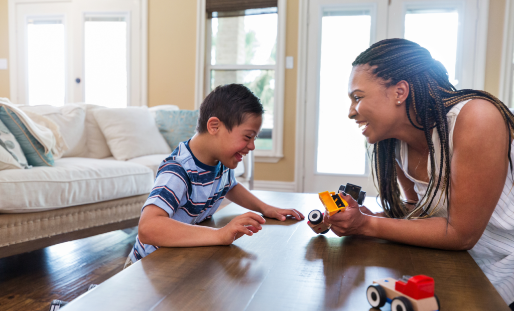 Woman and child playing with toy